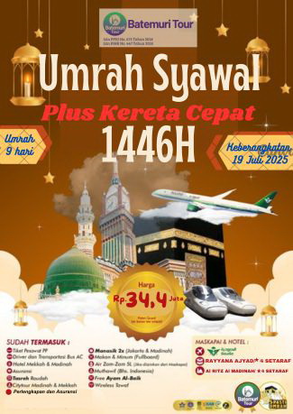 Paket Umrah  Reguler Syawal  Awal Musim 1447H, Ahz-Btt, Bintang 4,  9 Hari, Keberangkatan 19 Juli  2025